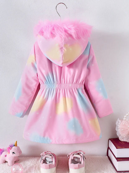 Little Girls' Fur-Trimmed Unicorn Parka Jacket – Plush-Lined Zip-Up Hooded Coat for Fall & Spring (4–7 years)