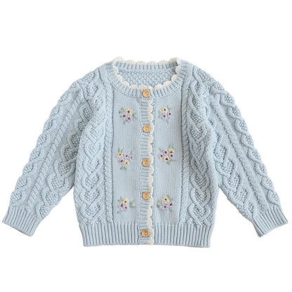 Knit Cardigan Sweater for Babies, Toddlers & Little Kids (9 Months–7 Years) – Button-Front, Embroidered Animals & Floral Details