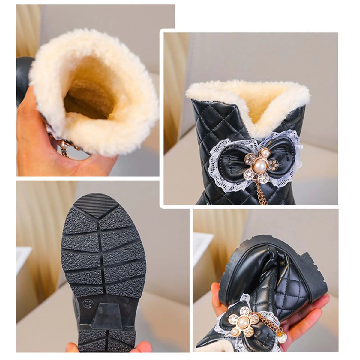Quilted Bow Plush-Lined Ankle Boots for Girls