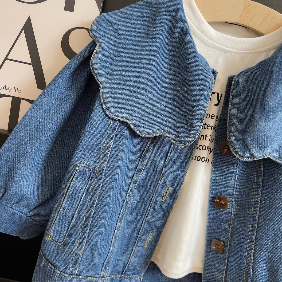 Scalloped Sailor Collar Denim Jacket for Girls