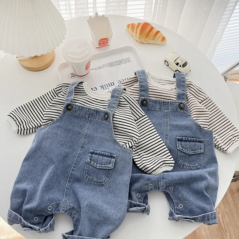 Striped Layering Tee & Denim Shortall Romper Set