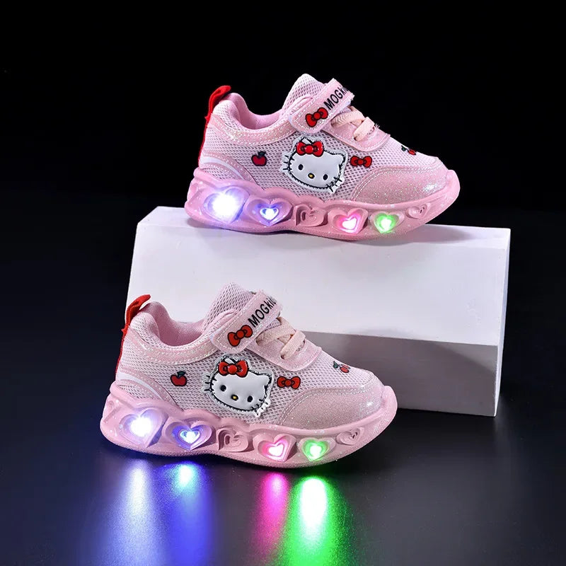 Girls' Heart LED Light-Up Sneakers with Cartoon Graphic | Breathable Low-Top Kids Shoes