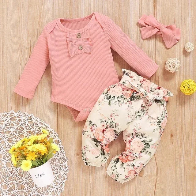 Ruffle-Sleeve Bodysuit, Printed Pants & Bow Headband Set for Baby Girls