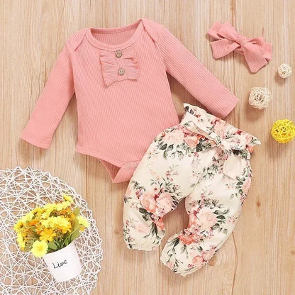 Ruffle-Sleeve Bodysuit, Printed Pants & Bow Headband Set for Baby Girls
