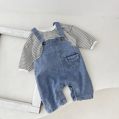 Striped Layering Tee & Denim Shortall Romper Set
