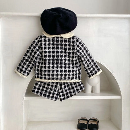 Black & White Tweed Jacket and Shorts Set for Girls