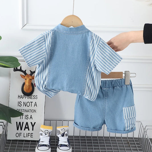 Striped Denim Button-Up Shirt & Shorts Set for Toddlers