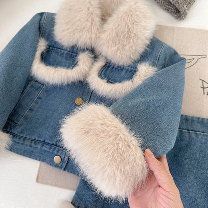 Faux Fur Trim Denim Jacket & Skirt Set for Girls