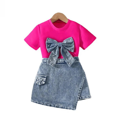 Pearl Bow Tee & Denim Wrap Skirt Set for Girls