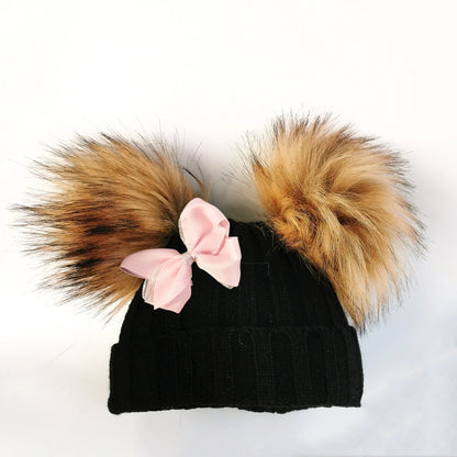 Double Pom Knit Beanie & Scarf Set with Bow