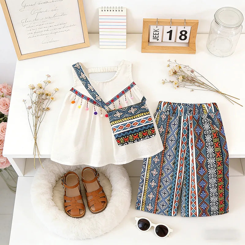 Boho Tassel Top, Printed Pants & Mini Bag Set