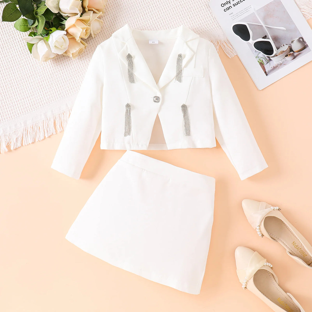 3D Rose Girls’ Blazer & Pleated Skirt Set