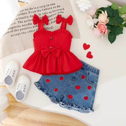 Bow-Shoulder Peplum Top & Heart Denim Shorts Set