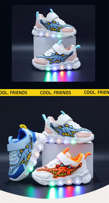 Kids Dinosaur LED Light-Up Sneakers with Hook-and-Loop Strap