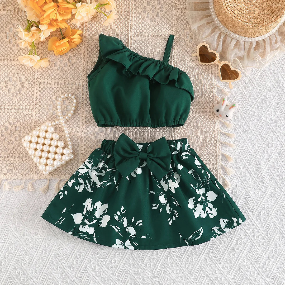 Rosette Ruffle Top & Pleated Skirt Set for Baby Girls
