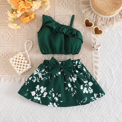 Rosette Ruffle Top & Pleated Skirt Set for Baby Girls