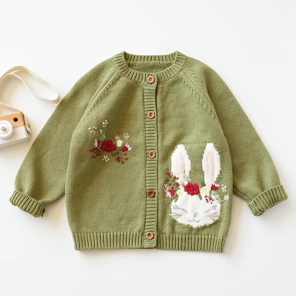 Baby & Toddler Girls Cotton Knit Cardigan (2–6 Years) – Button-Front Sweater with Duck Embroidery