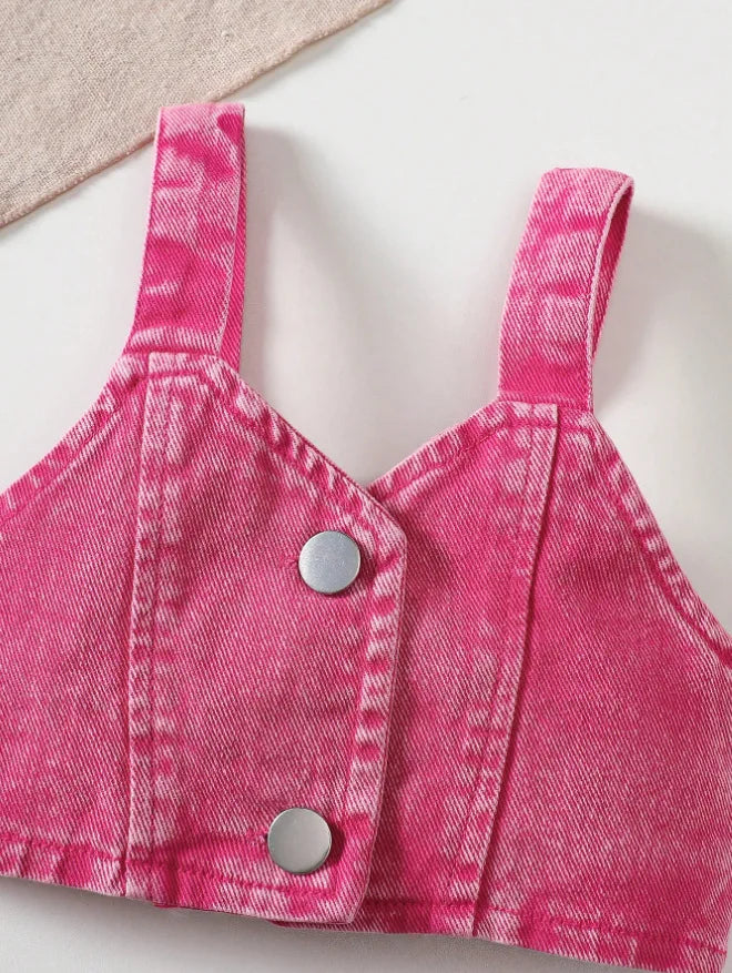 Bow-Print Tiered Dress & Cropped Denim-Look Vest Set for Baby Girls