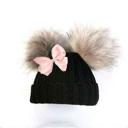 Double Pom Knit Beanie & Scarf Set with Bow