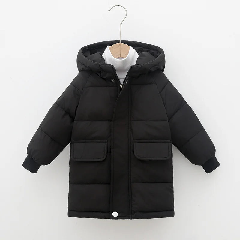 Hooded Winter Puffer Coat for Kids – Warm, Wind-Resistant Long Jacket
