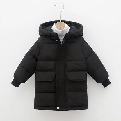 Hooded Winter Puffer Coat for Kids – Warm, Wind-Resistant Long Jacket