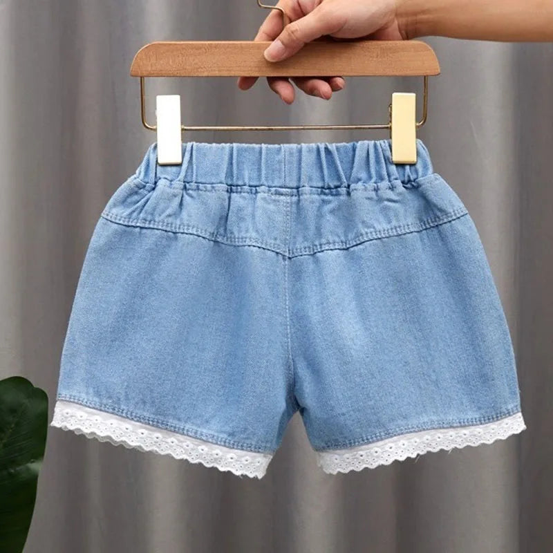 Bow, Heart & Lace Trim Denim Shorts for Girls