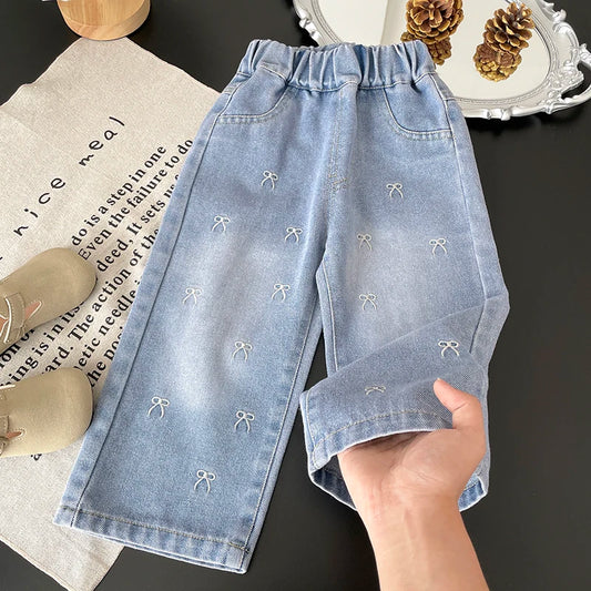 Embroidered Mini Bow Wide-Leg Jeans for Girls