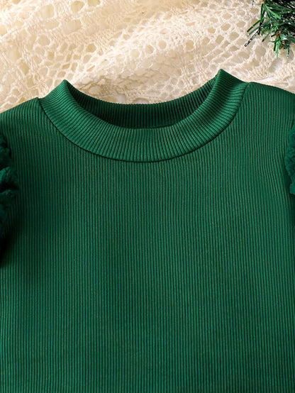 Festive Plaid Skirt & Textured Sleeve Christmas Outfit Set for Baby Girls