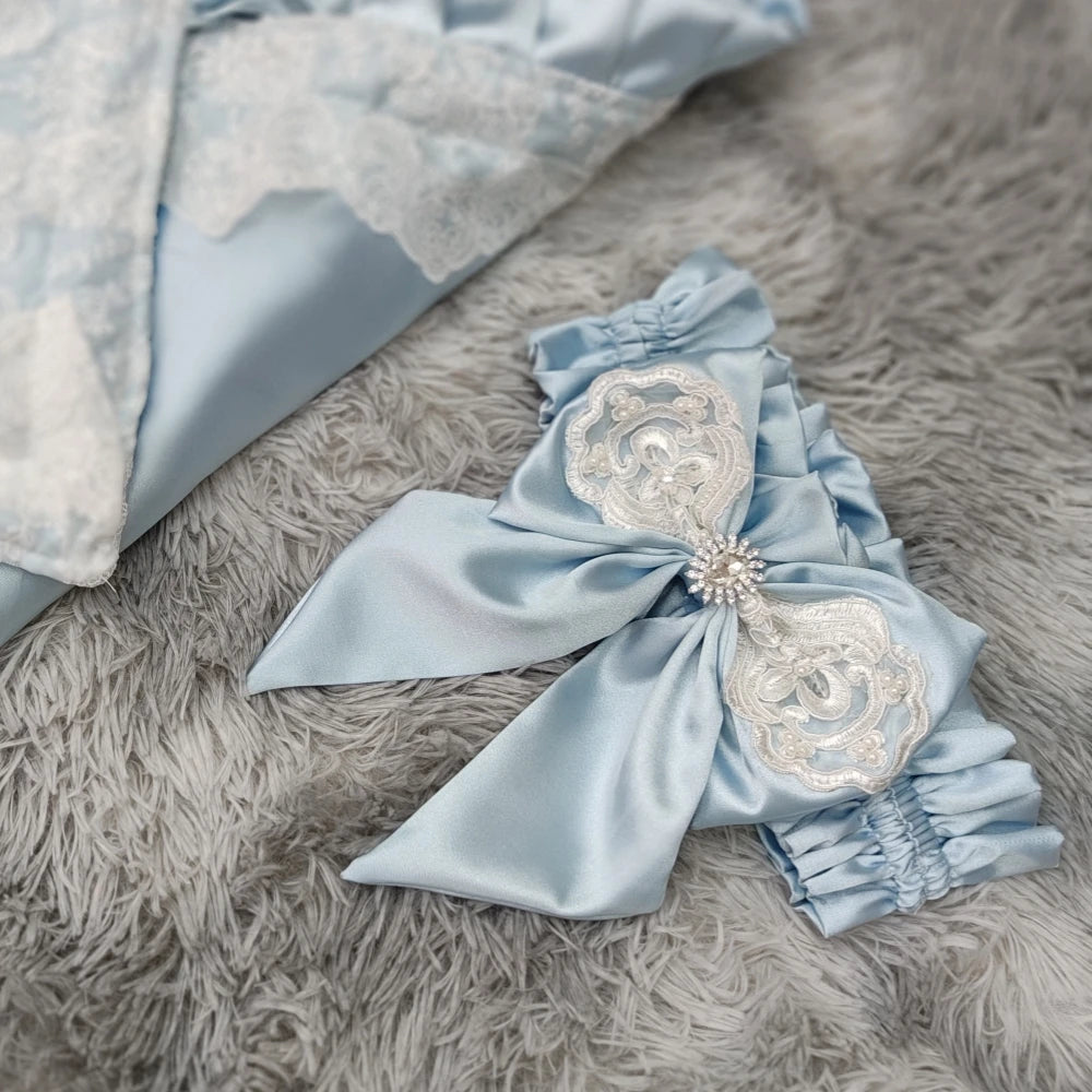 Lace-Trim Satin Baby Swaddle Blanket with Floral Bow