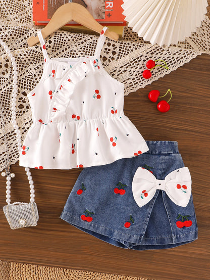 Cherry Bow Girls’ Peplum Cami & Denim Skort Set