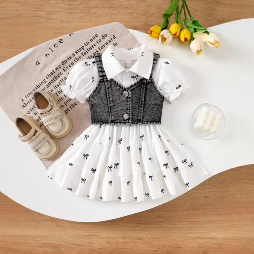 Bow-Print Tiered Dress & Cropped Denim-Look Vest Set for Baby Girls