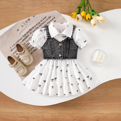 Bow-Print Tiered Dress & Cropped Denim-Look Vest Set for Baby Girls