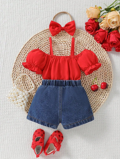Heart & Ruffle Girls’ Summer Top and Denim Shorts Set