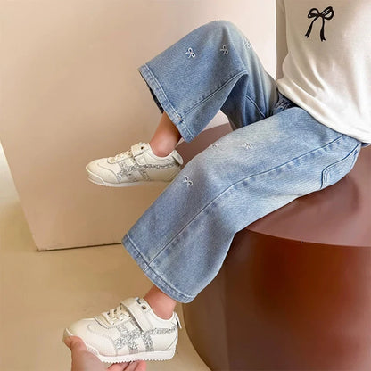 Embroidered Mini Bow Wide-Leg Jeans for Girls