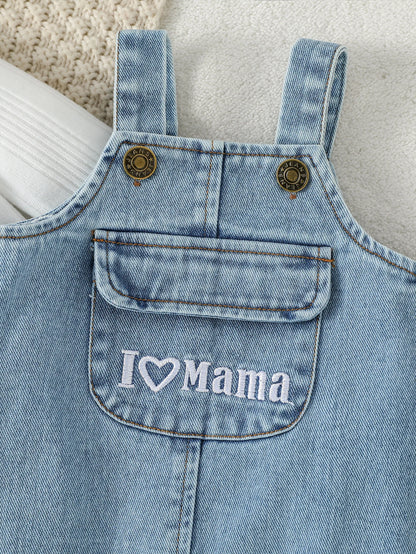 Baby Denim Overalls Set with Long-Sleeve Ribbed Top – 2-Piece Outfit for Newborns (0–9 Months)