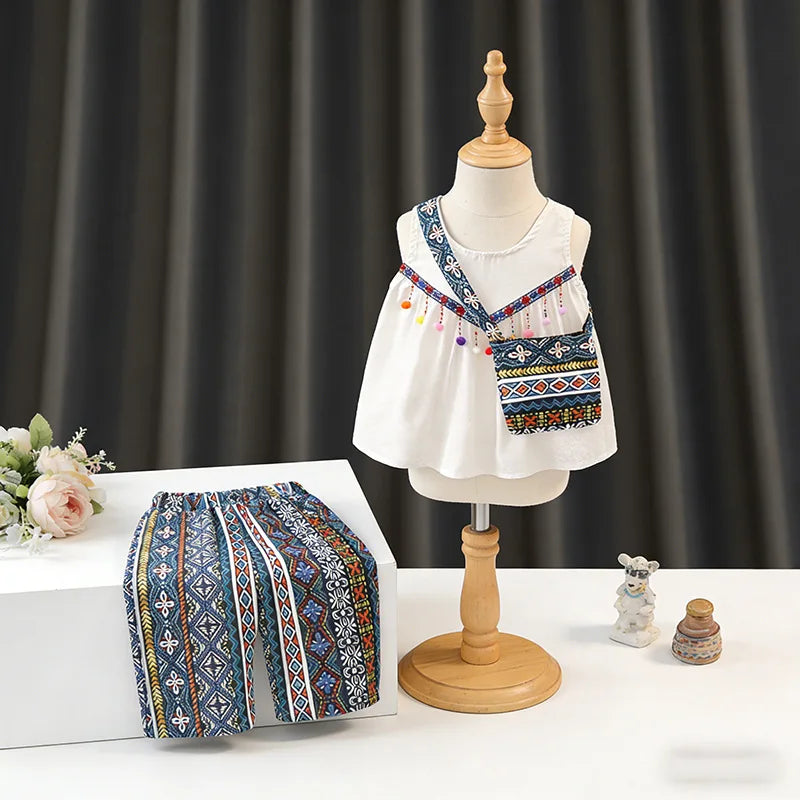 Boho Tassel Top, Printed Pants & Mini Bag Set