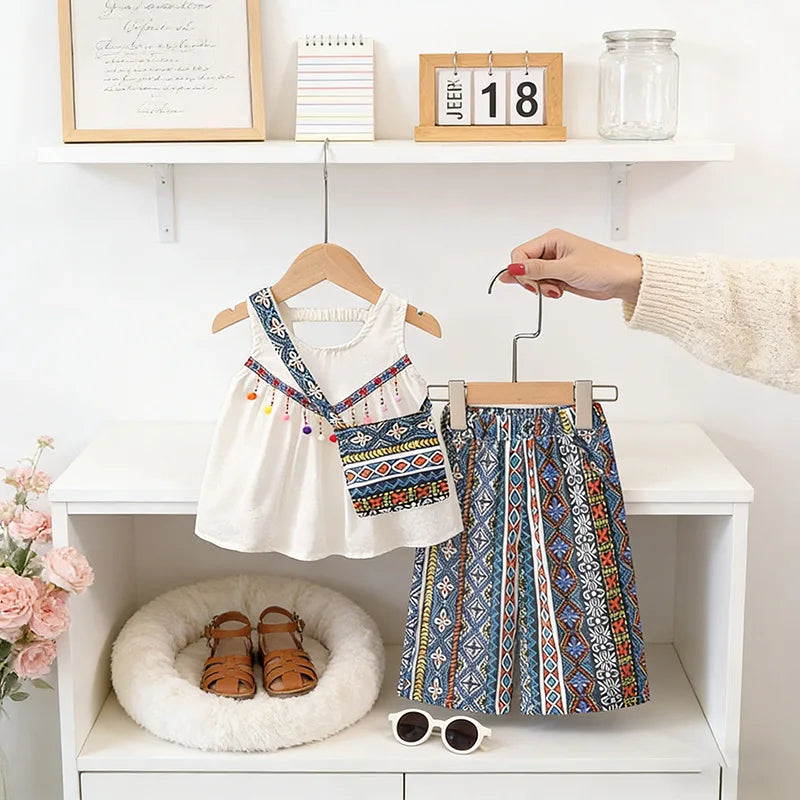 Boho Tassel Top, Printed Pants & Mini Bag Set