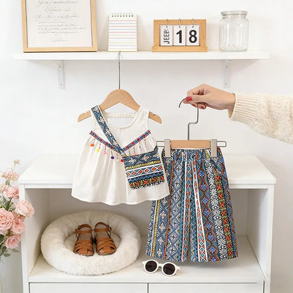Boho Tassel Top, Printed Pants & Mini Bag Set
