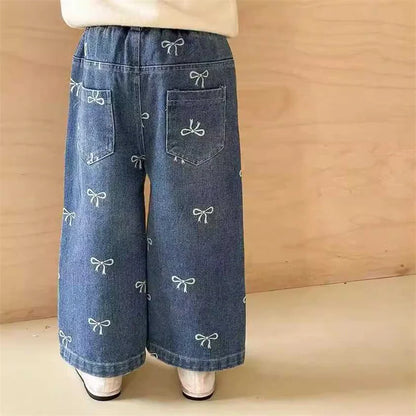 Allover Bow Print Wide-Leg Girls’ Denim Pants