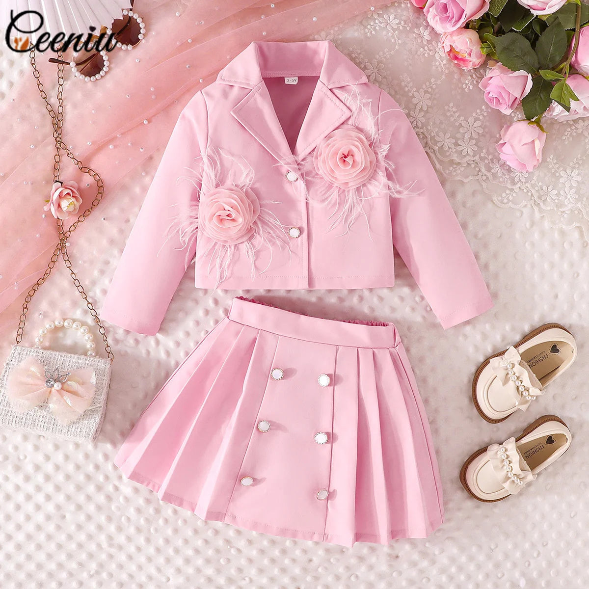 3D Rose Girls’ Blazer & Pleated Skirt Set