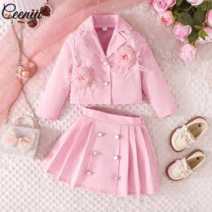 3D Rose Girls’ Blazer & Pleated Skirt Set