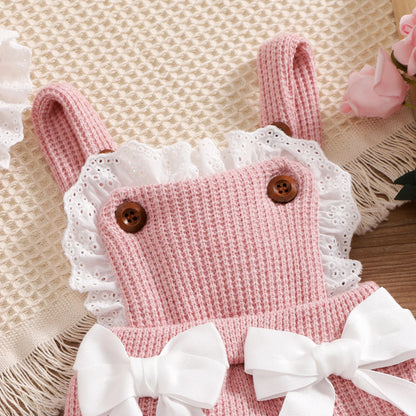 Pink Bow Ruffle Knit Baby Romper & Bonnet Set