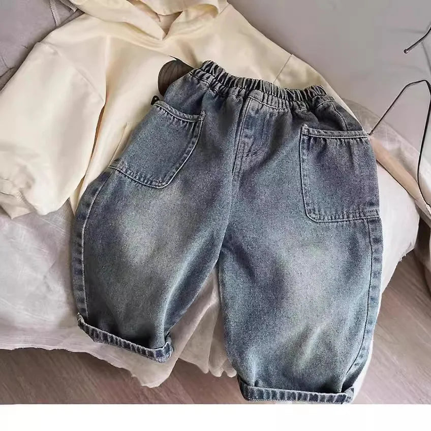 Washed Patch-Pocket Loose Jeans for Boys