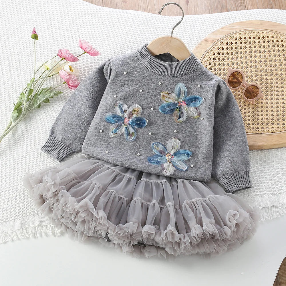 Pastel Petal Knit Sweater & Ruffle Tutu Skirt Set for Girls