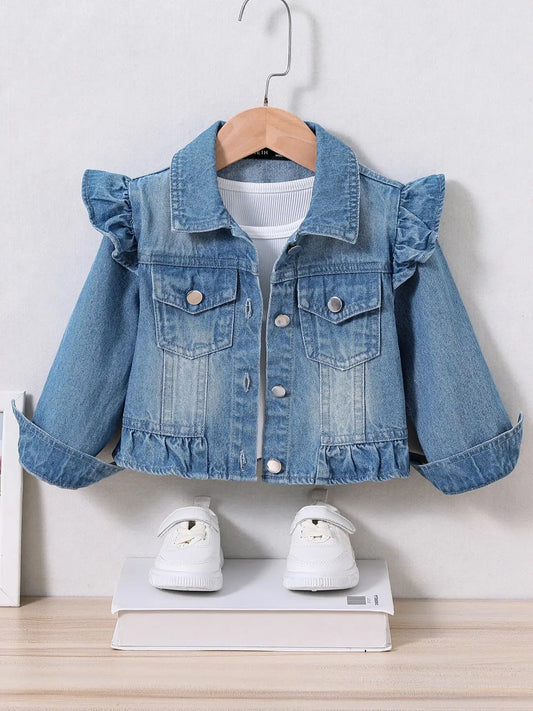 Girls Ruffle Sleeve Denim Jacket – Lightweight Washed Blue Button Jacket (Ages 4–7)