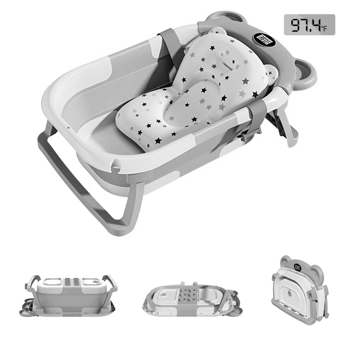 Foldable Baby Bathtub with Temperature Display & Bath Cushion
