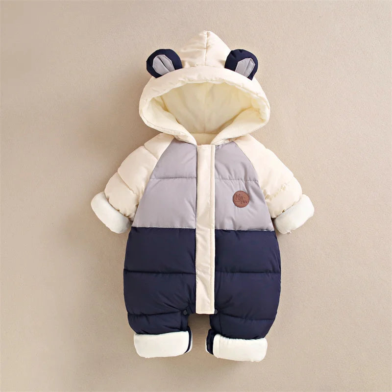 Colorblock Bear-Ear Hooded Padded Baby Snowsuit