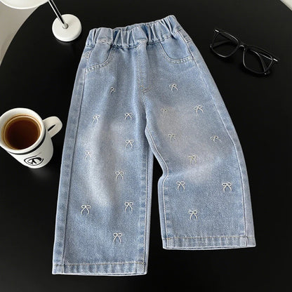 Embroidered Mini Bow Wide-Leg Jeans for Girls