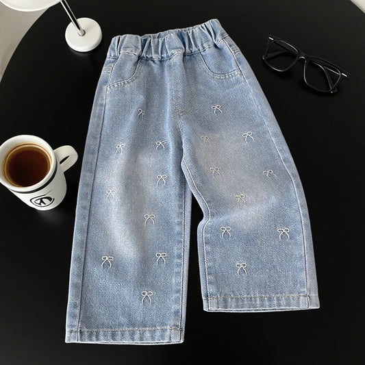 Embroidered Mini Bow Wide-Leg Jeans for Girls
