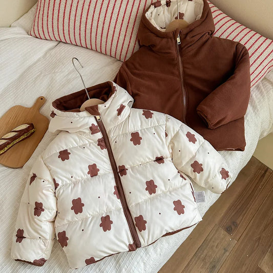Reversible Bunny Print Hooded Puffer Jacket for Girls